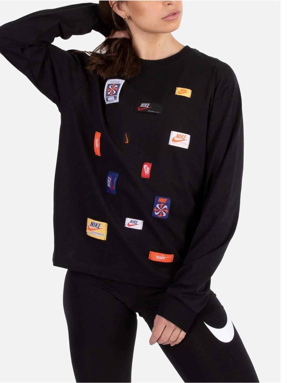 Nike Women's Black Long-Sleeve Crewneck Sweater with Multicolor Logo Patches